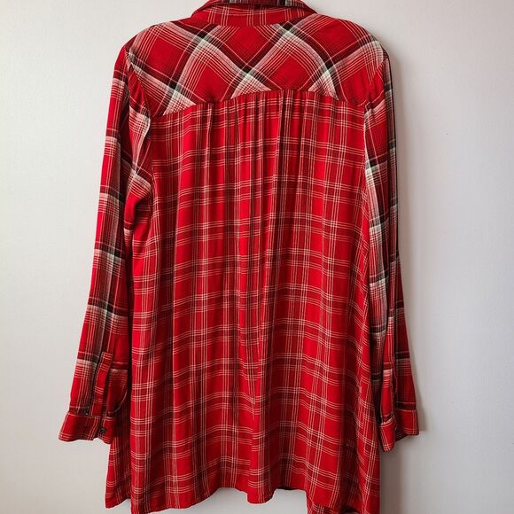 J Jill Flared Red Plaid Long Sleeve Button-Up Tunic Shirt Rayon Flannel Sz M - Picture 6 of 9